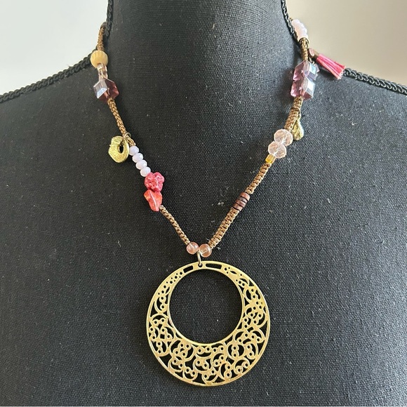 Chico’s Gold Pendant Beaded Statement Necklace - Picture 1 of 5